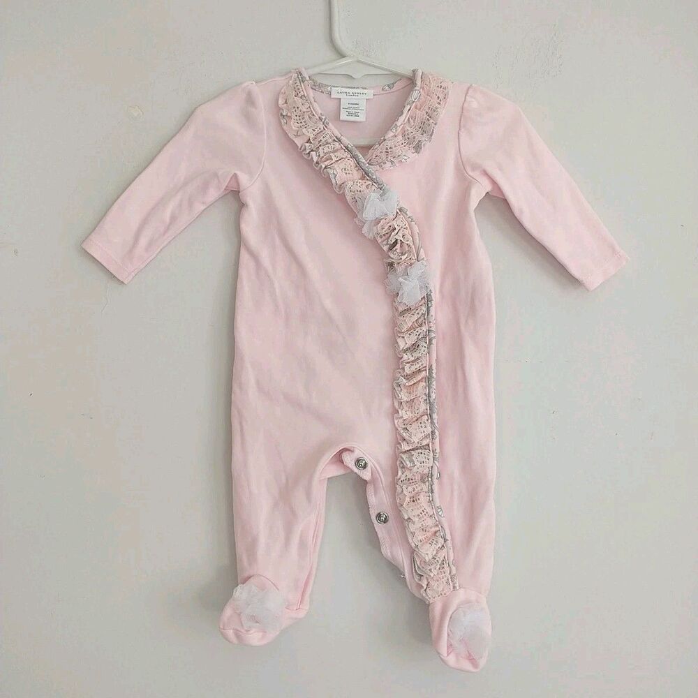 Laura Ashley Footie Bodysuit Sleeper Baby Girl 3M Pink Snap Button Ruffle Cotton